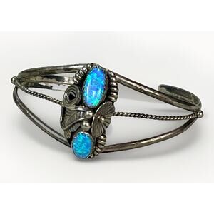 VTG Navajo Blue Lab Opal Sterling Silver Cuff Bracelet Signed C Sterling 7”